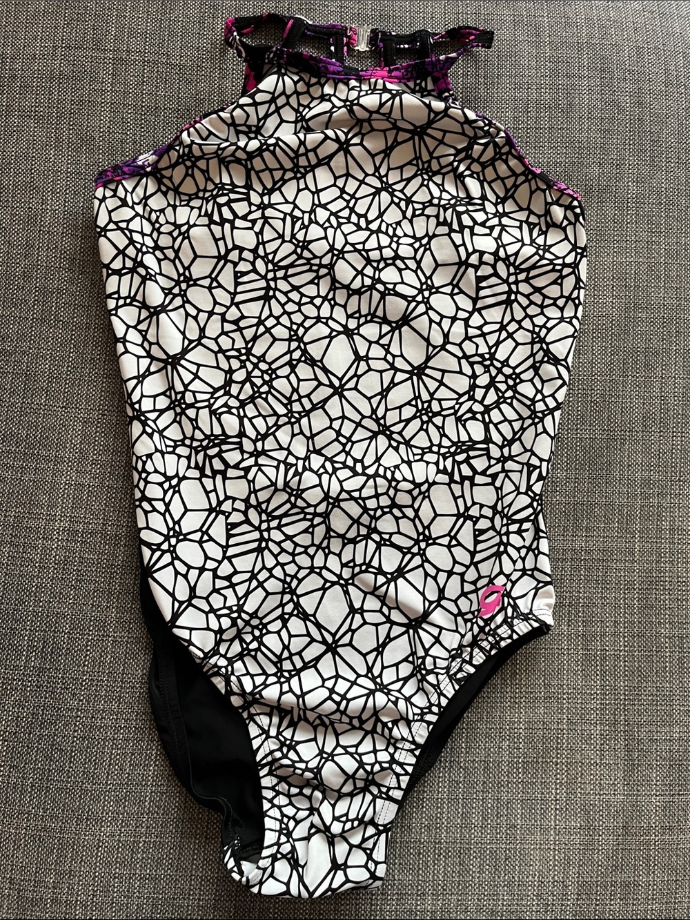 GK stunning Black & White Geometric High-Neck Leotard with open back and mesh